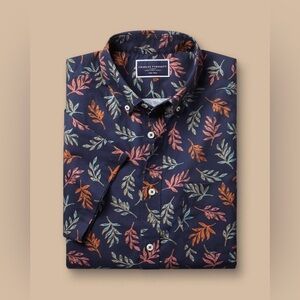 Charles Tyrwhitt mens XL blue floral classic fit cotton short sleeve shirt EUC